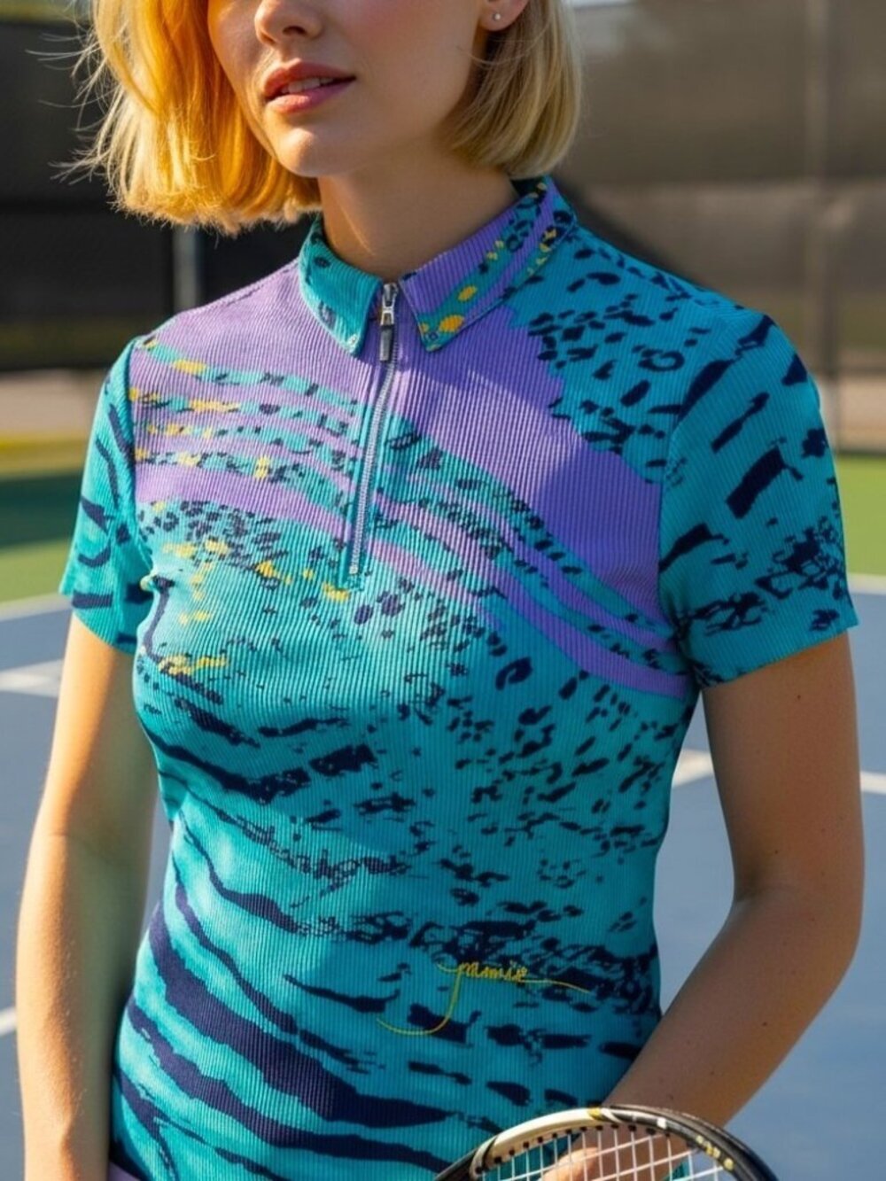 Jamie Sadock Women's Golf Polo Top Purple Teal Abstract Print Ribbed Zip Size S